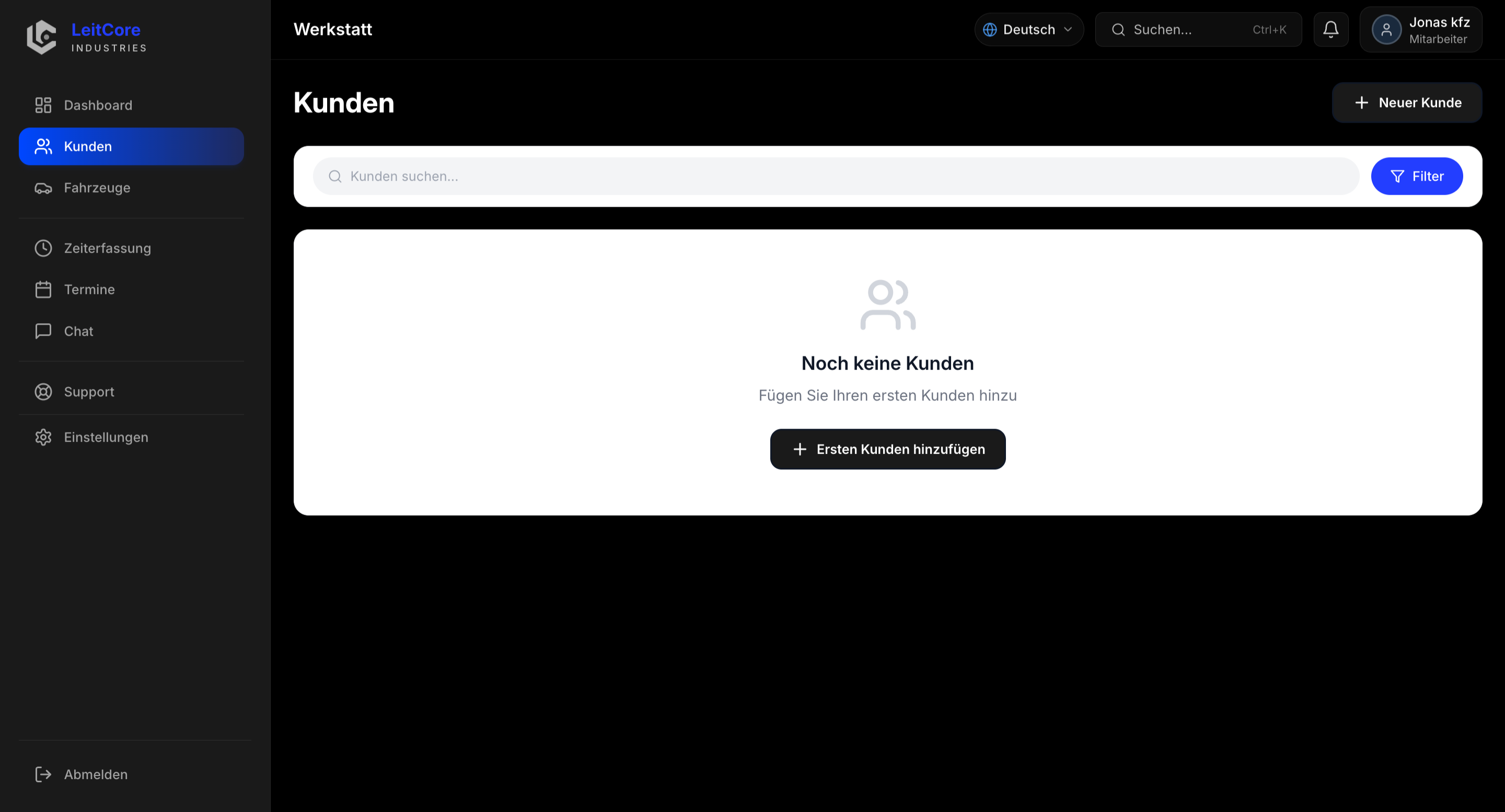 LeitCore Dashboard für Mitarbeiter und Mechaniker